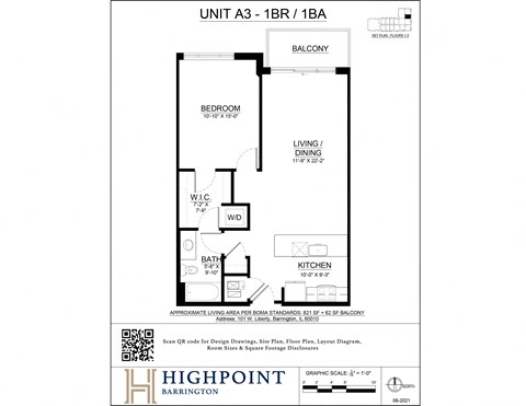 Floor plan for 1 bed, 1 bath, 821 sqft